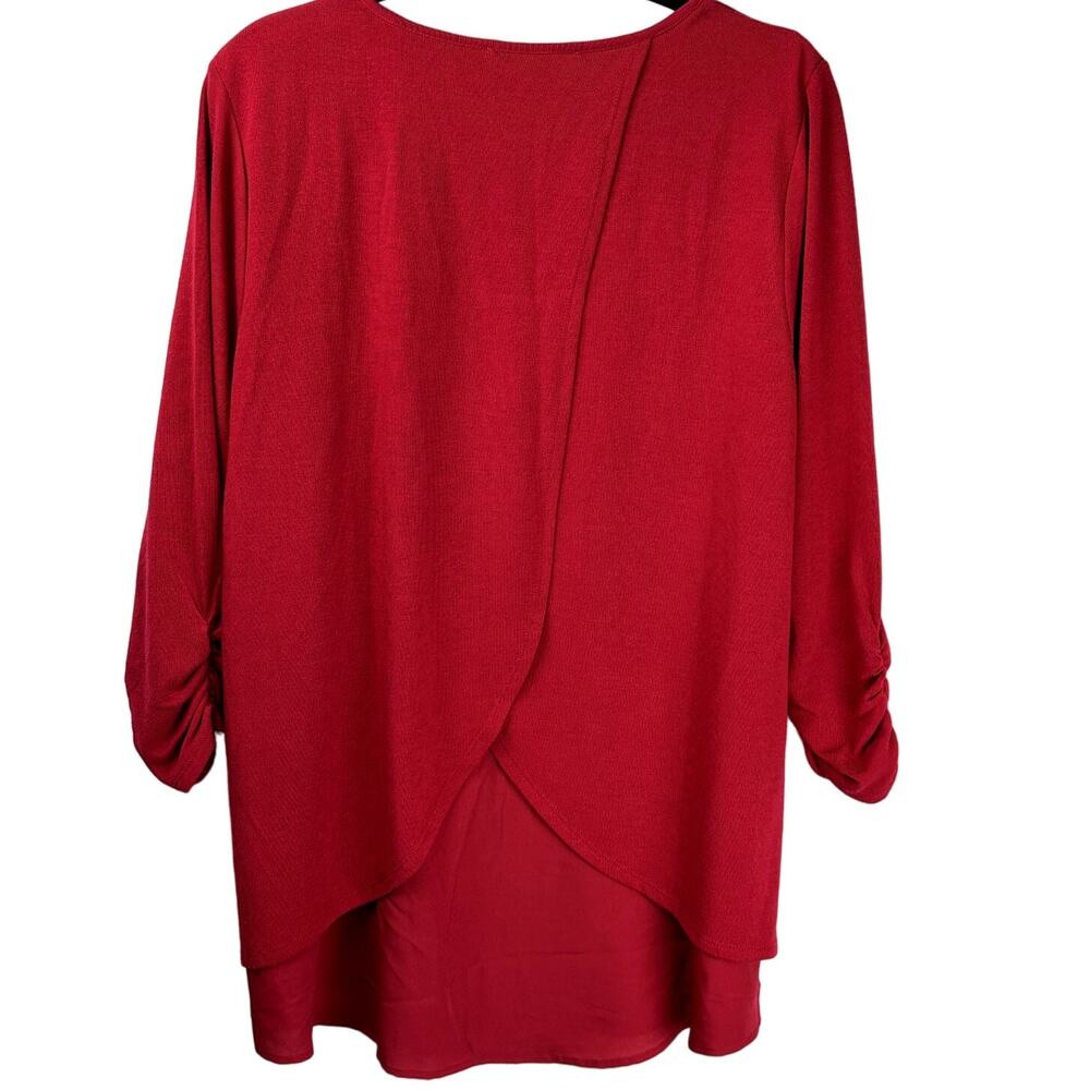 Kate & Mallory Women Size XL Red Scoop Neck Tunic Wrap Sheer Back Detail Top - Picture 2 of 6